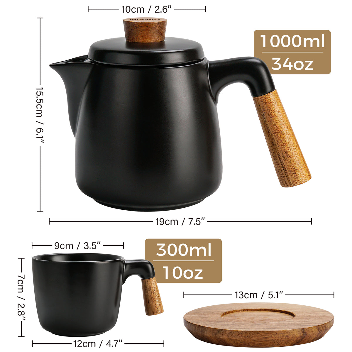 Set de tetera con soporte y 4 tazas para 4 personas 1000 ml