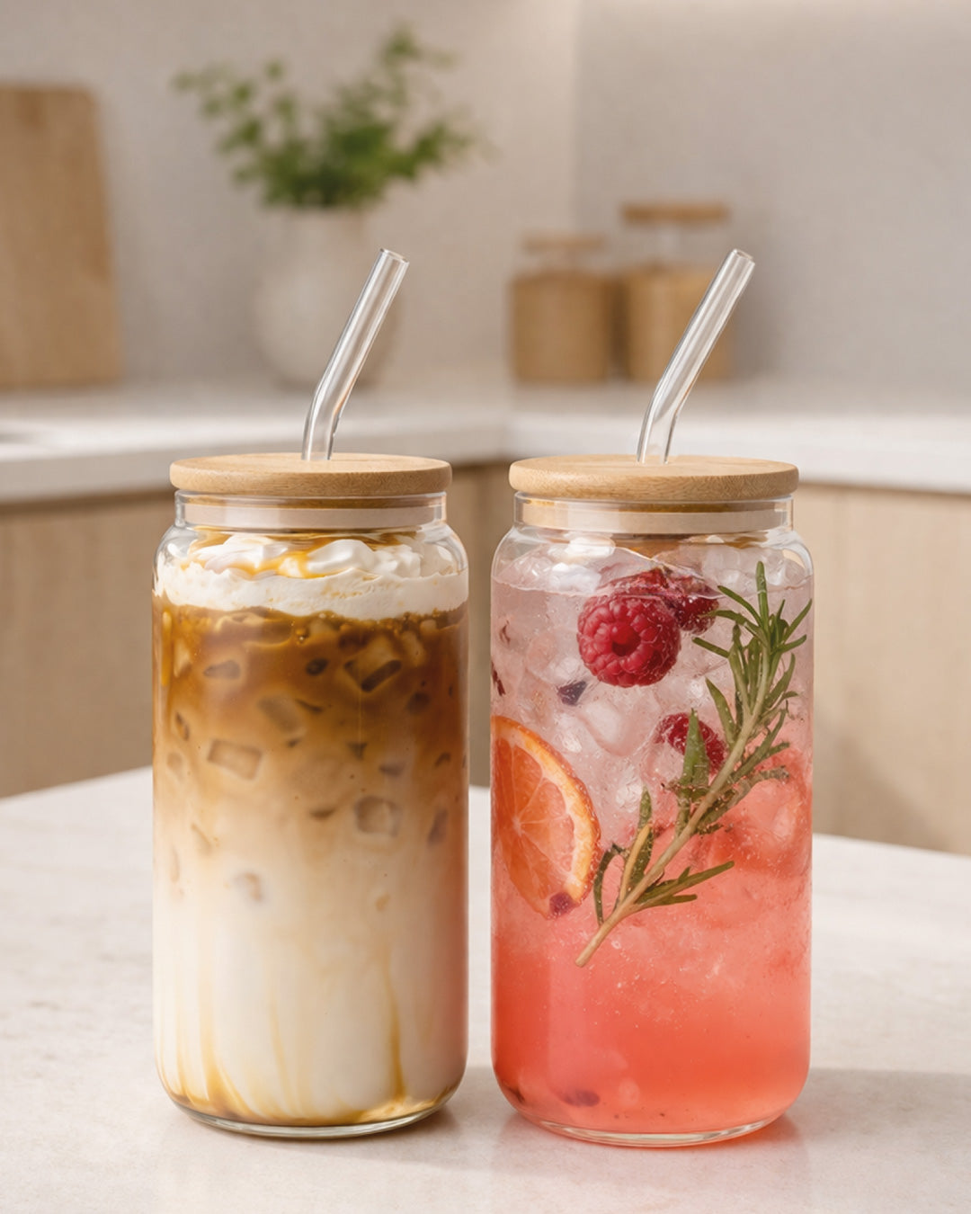 Vasos con tapa de bambú y pajita de vidrio (set de 4) 500 ml