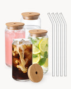 Vasos con tapa de bambú y pajita de vidrio (set de 4) 500 ml