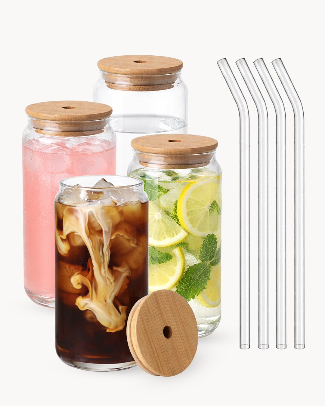 Vasos con tapa de bambú y pajita de vidrio (set de 4) 500 ml